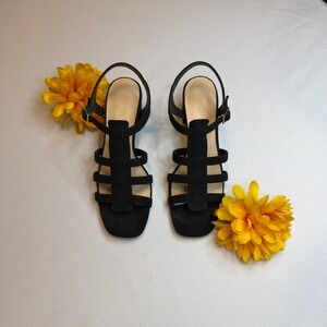 LOFT Fisherman's Sandal Black Faux Suede Strappy Block 1 3/4" Heel Gladiator 9.5